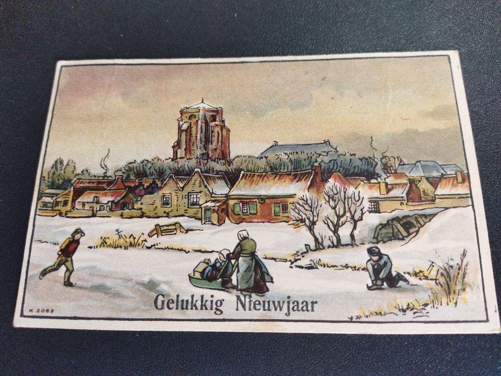 Vintage kaart Gelukkig Nieuwjaar dorpsgezicht met Kerktoren, Ophalen of Verzenden, 1940 tot 1960, Gelopen, Feest(dag)