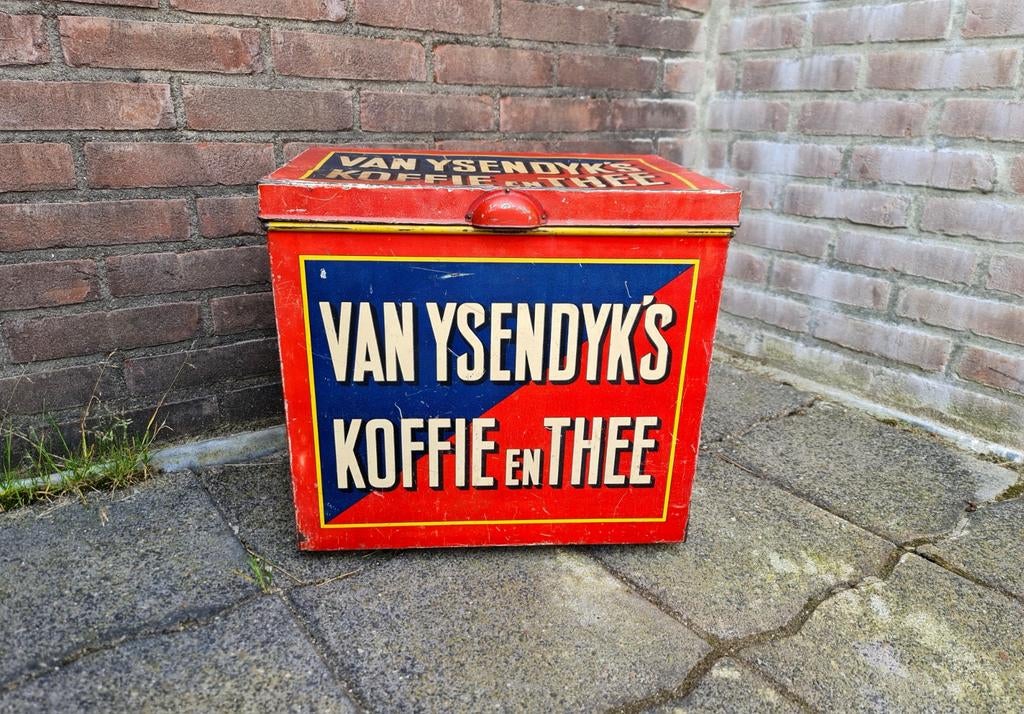 VAN IJSENDIJK'S KOFFIE EN THEE blik rood blauw mooie staat, Ophalen, Gebruikt, Verpakking