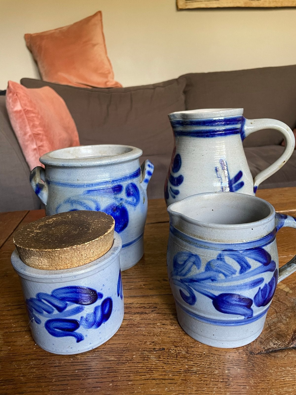 Vintage Aardewerk Set: Kruik, Kan en Potten met Blauw Decor, Ophalen
