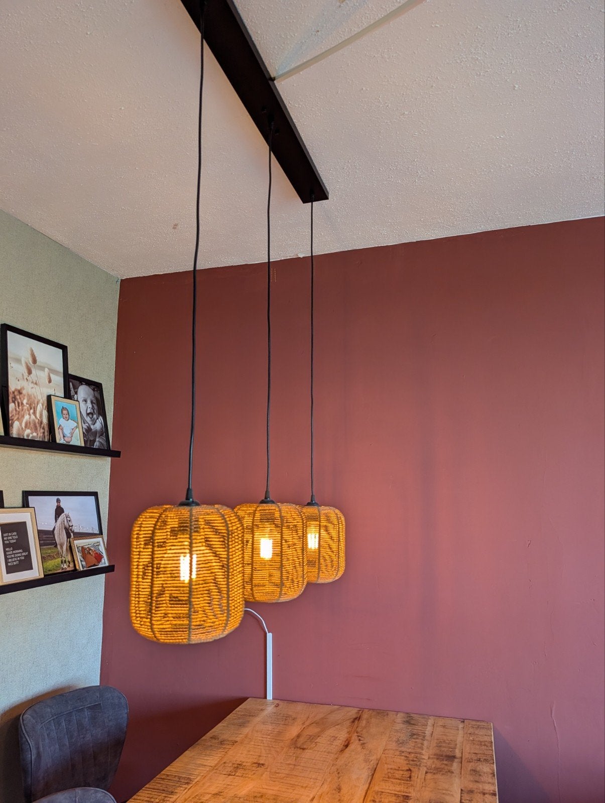 Hanglamp met 3 rotan kappen - Bragi Naturel, Ophalen, Industrieel, Landelijk, E27 (groot), Zo goed als nieuw