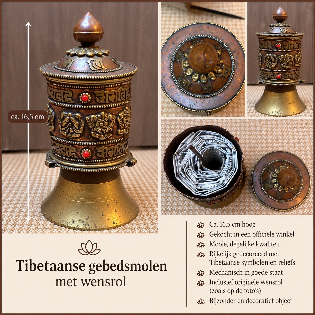 Tibetaanse gebedsmolen met originele wens-/gebedsrol, Ophalen of Verzenden
