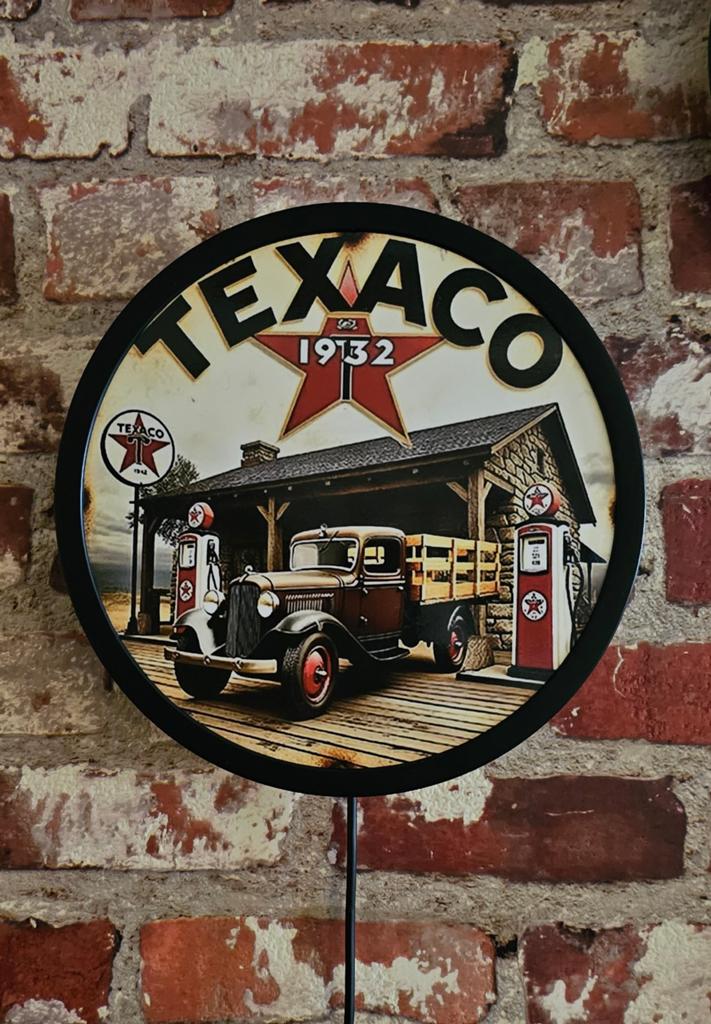 Texaco Reclamebord met Ledverlichting - 20 cm Doorsnede, Verzamelen, Merken en Reclamevoorwerpen, Ophalen of Verzenden, Reclamebord