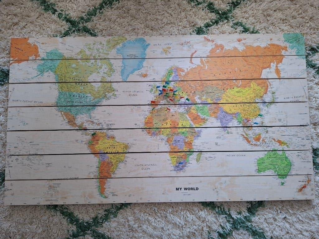 Wereldkaart van geverfd steigerhout, Ophalen, Hout, Meerkleurig, Decoratieobject