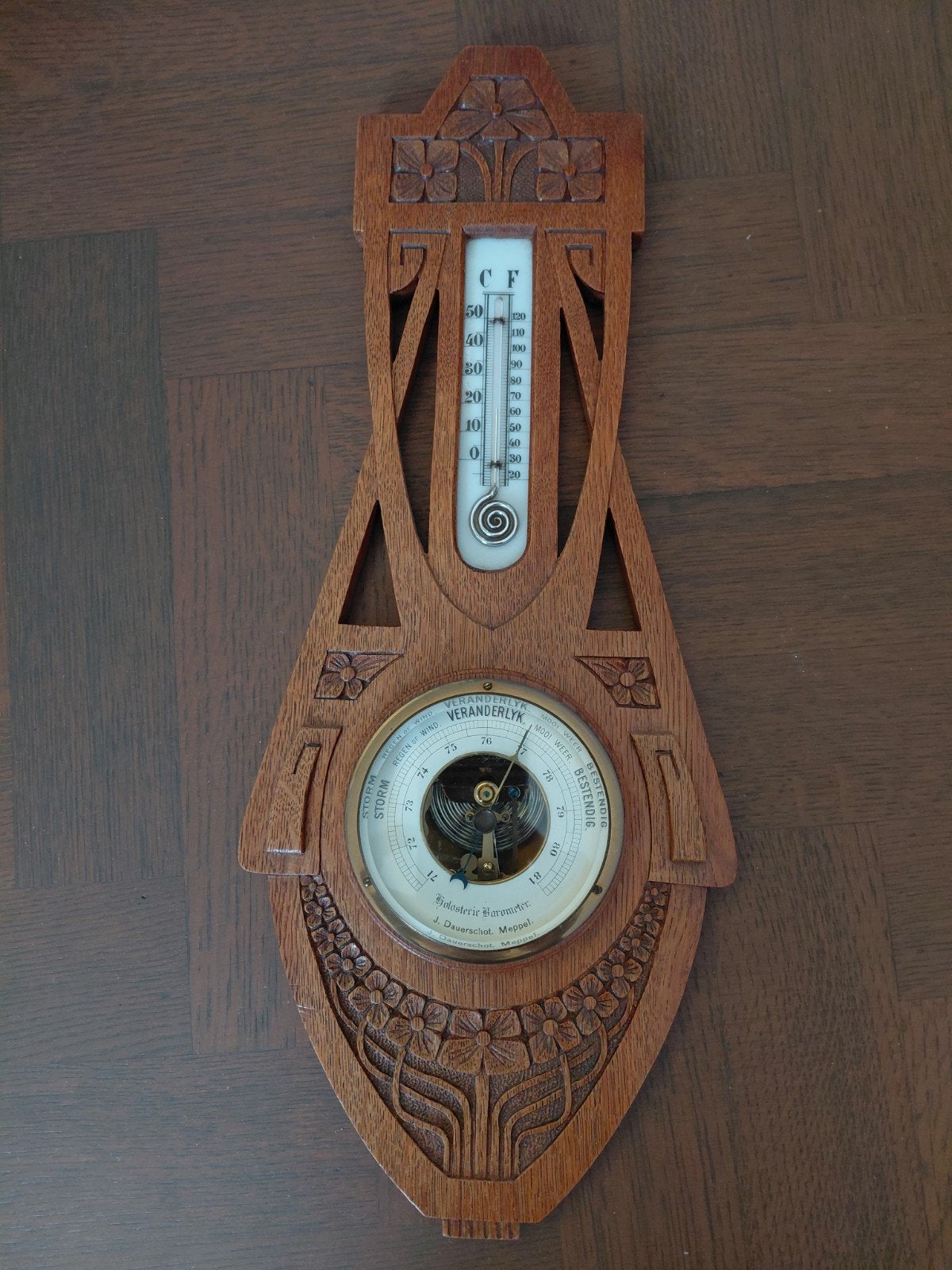 Antieke Art Deco Barometer en Thermometer eikenhout Art Deco, Ophalen of Verzenden