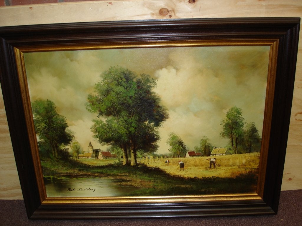 Korenoogst " Mooi Groot werk Van Kunst schilder Rik Mulders, Antiek en Kunst, Ophalen, Doek, Oud hollands, Landschap