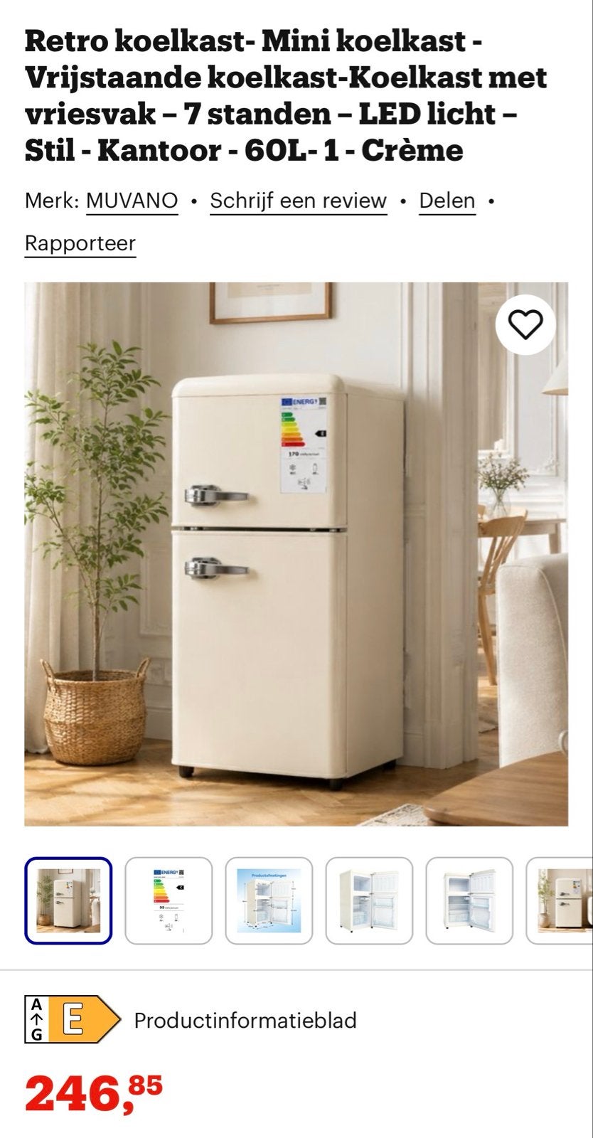 Nieuwe MUVANO Retro Mini Koelkast met Vriesvak - Crème, Minder dan 45 cm, Nieuw, Minder dan 75 liter, Energieklasse A of zuiniger