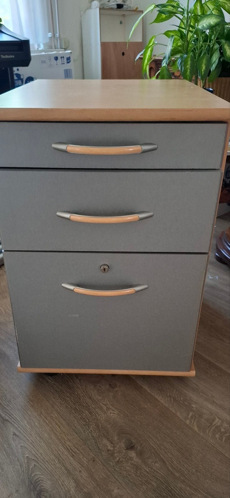 Ladeblok met 3 laden - Hout en grijs, Huis en Inrichting, Kasten | Ladekasten, Minder dan 50 cm, Gebruikt, Modern kantoor, 3 of 4 laden