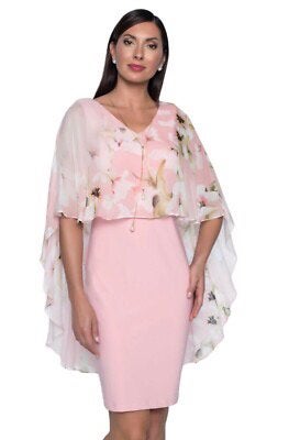 Frank Lyman elegante roze jurk chiffon bloemen overlaag 38, Maat 38/40 (M), Zo goed als nieuw, Frank Lyman, Onder de knie