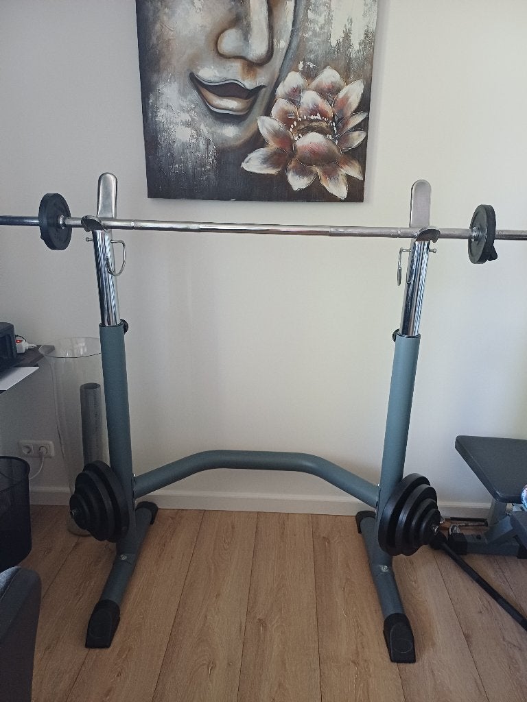 Powerlift bankdrukset, Ophalen, Zo goed als nieuw, Benen, Halterset