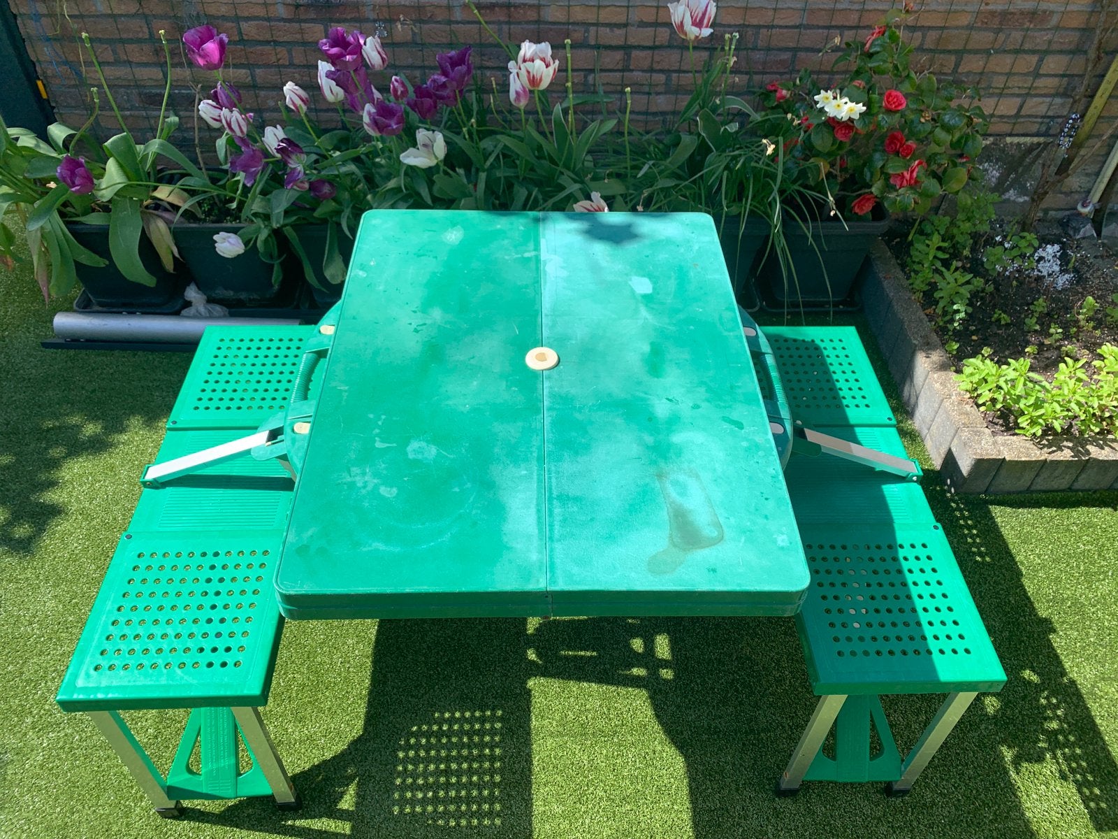 Opklapbare picknicktafel voor 4 personen., Ophalen of Verzenden, Zo goed als nieuw, Rechthoekig, Hout