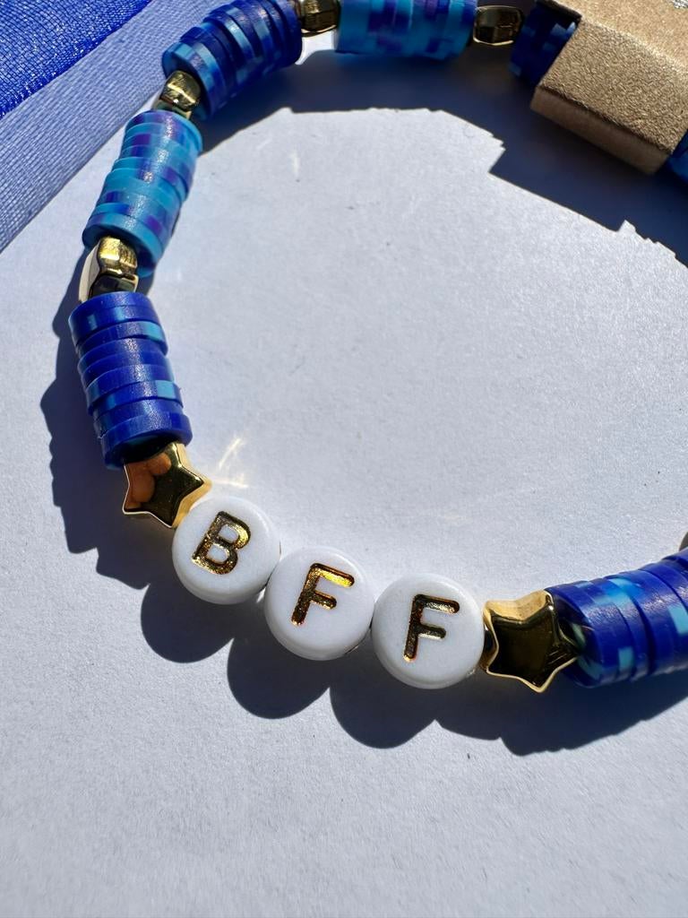 BFF Armband Blauw met Gouden Sterren en Kralen, Kunststof of Plastic, Zo goed als nieuw, Met bedels of kralen, Verzenden