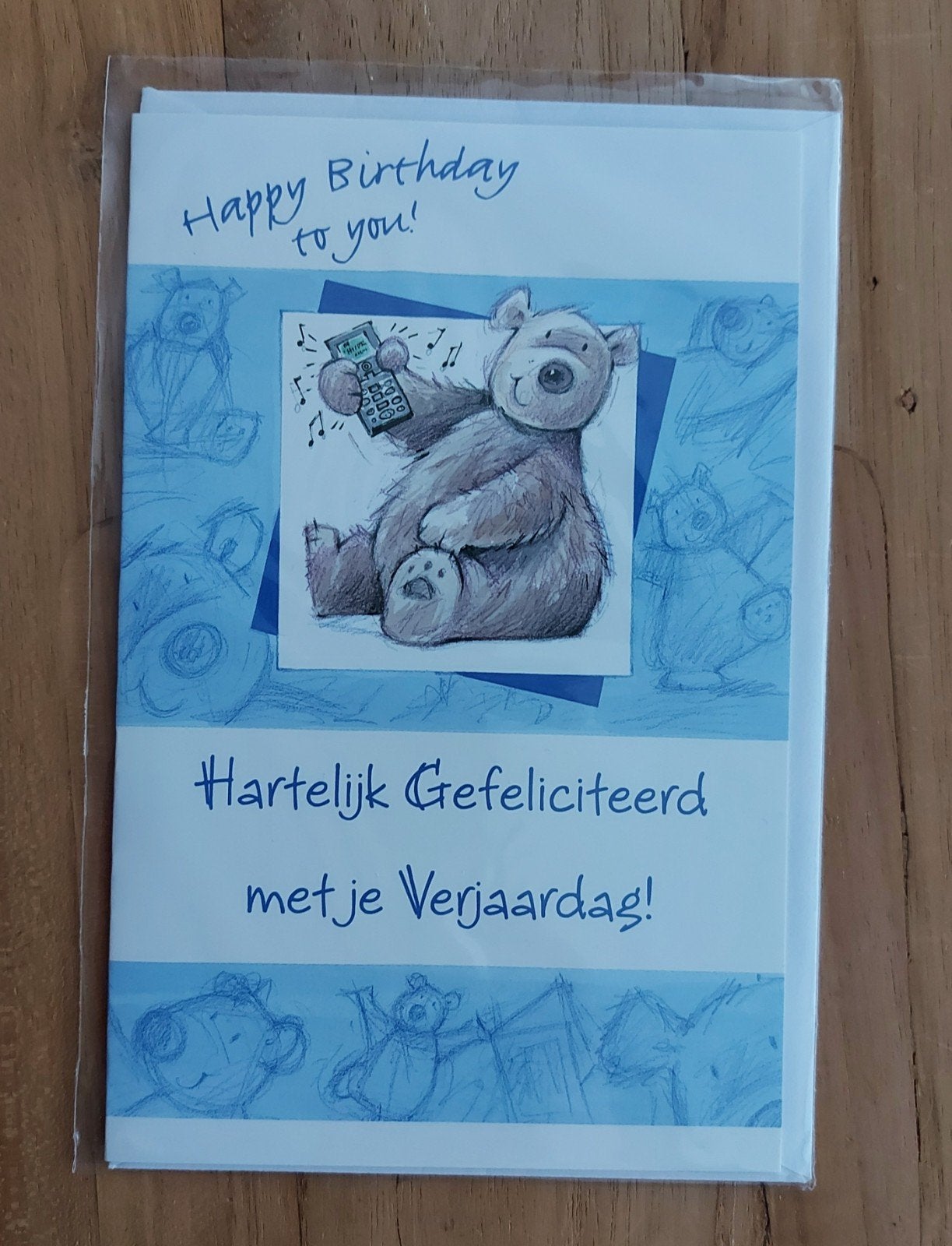 blauwe felicitatie kaart met beer en envelop, Ophalen, Nieuw