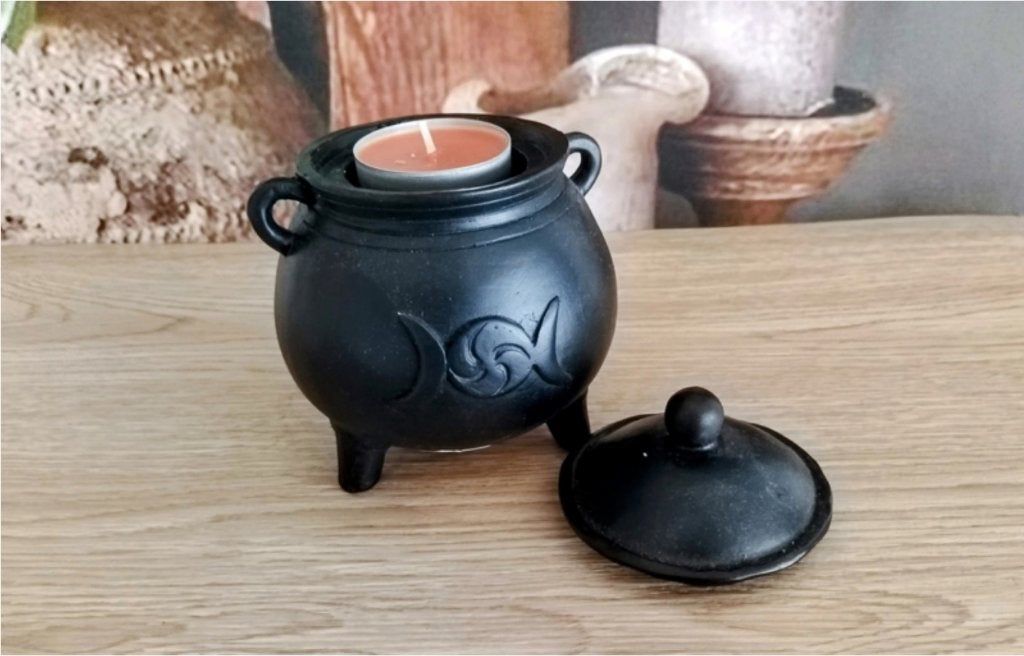 Witches' Cauldron Tea Light Holder with Moon Motif, 9 cm, Zwart, Nieuw, Ophalen of Verzenden