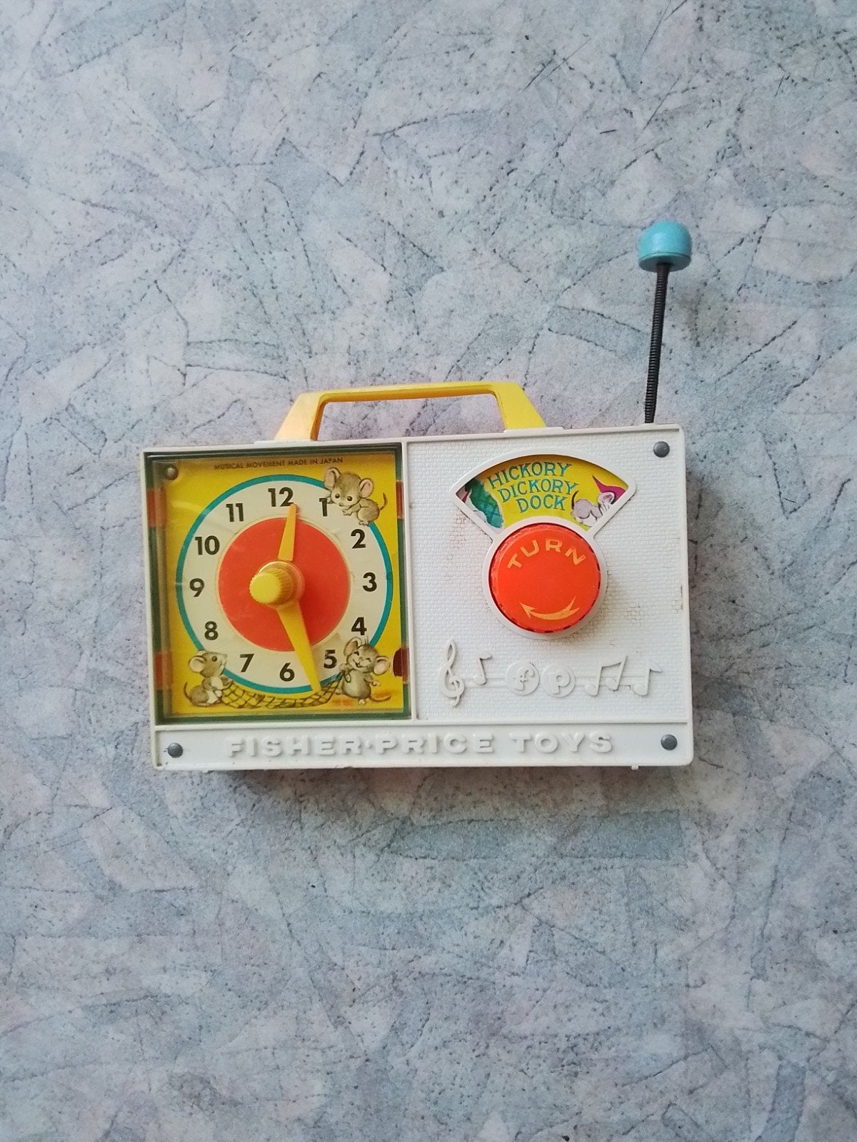 Zeer oude Fisher-Price radiootje met muziek en lopende klok., Ophalen of Verzenden, Gebruikt, Overige typen, Met geluid