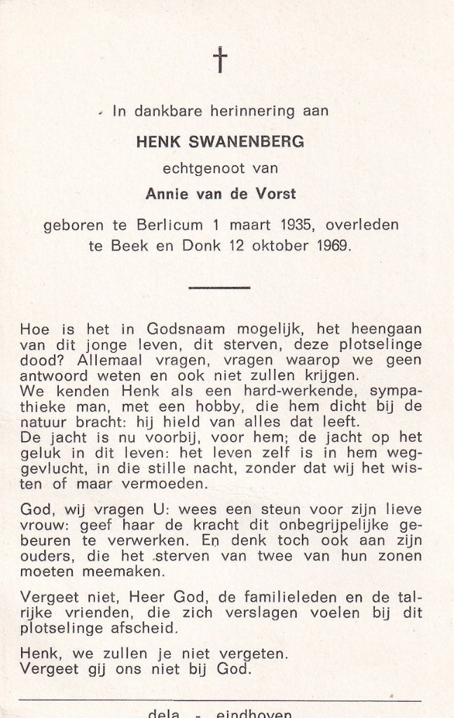 Swanenberg Henk 1935 Berlicum 1969 Beek en Donk, Ophalen of Verzenden, Bidprentje