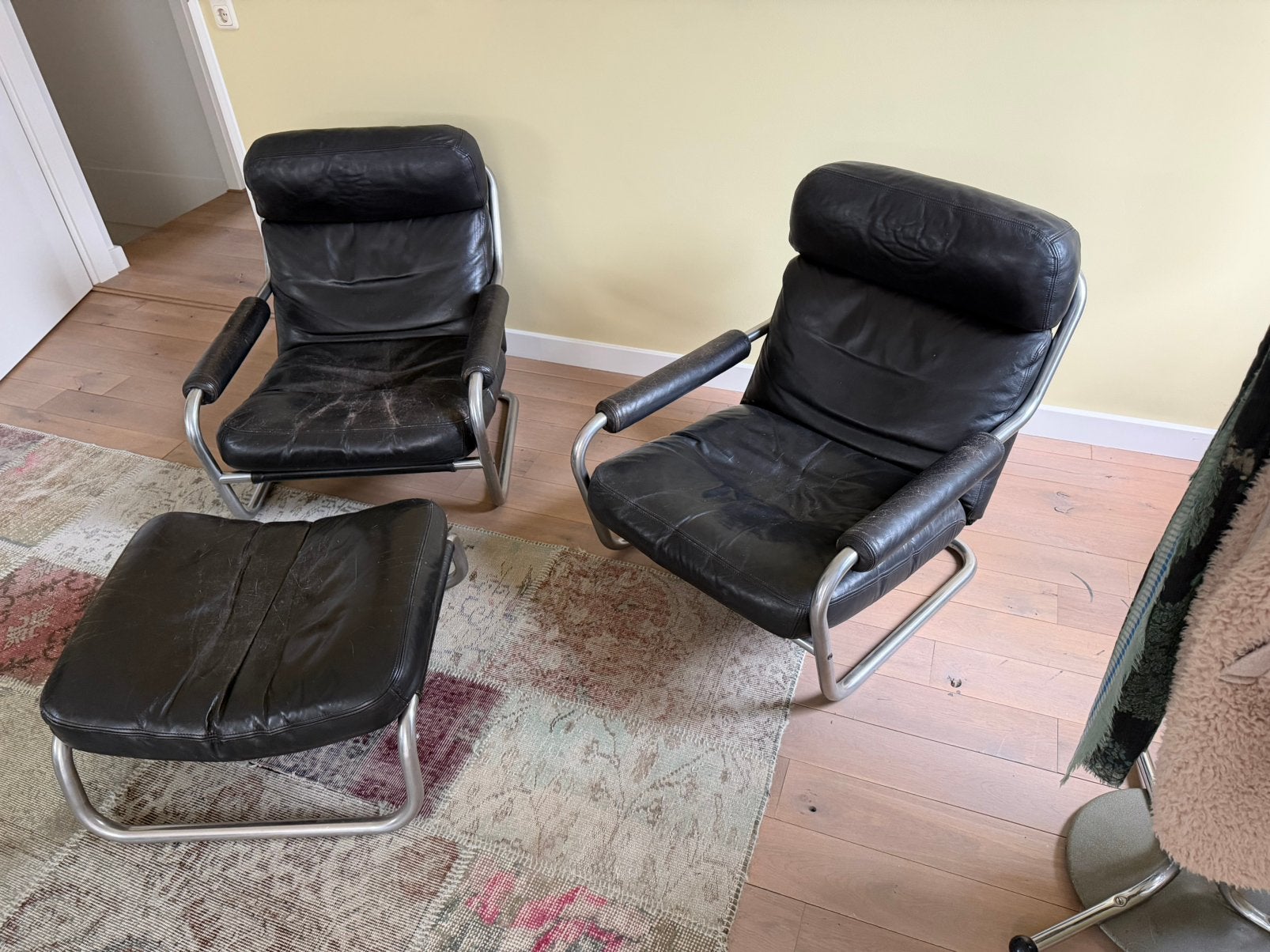 Mr Oberman 801 stoelen (2) en hocker door Jan des Bouvrie, Ophalen, Gebruikt, 75 tot 100 cm, Leer