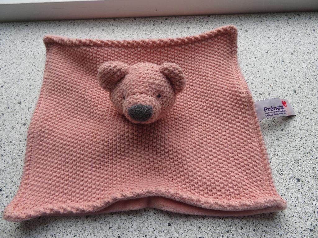 Knuffeldoek beer roze van Prenatal met gehaakte bovenkant, Prénatal, Beer, Ophalen of Verzenden, Zo goed als nieuw