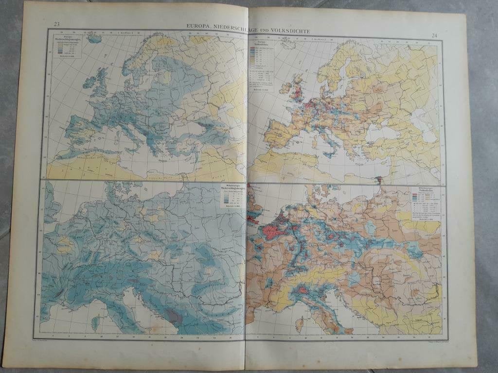 23-24/ 4 kaarten Europa neerslag + volksdichtheid litho 1899, Ophalen of Verzenden