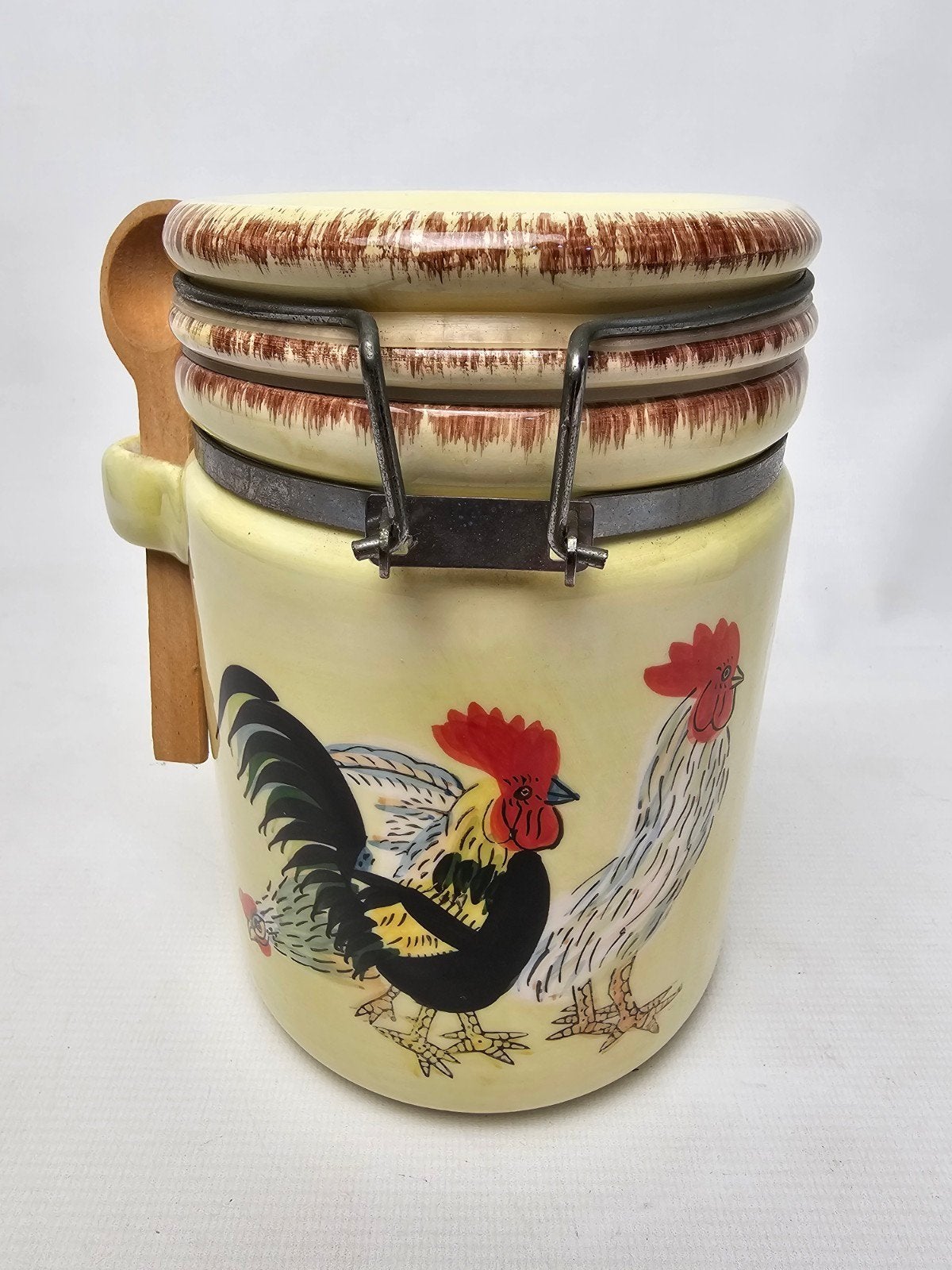 # Vintage Keramieken Voorraadpot met Kippen en Houten Lepel, Ophalen of Verzenden