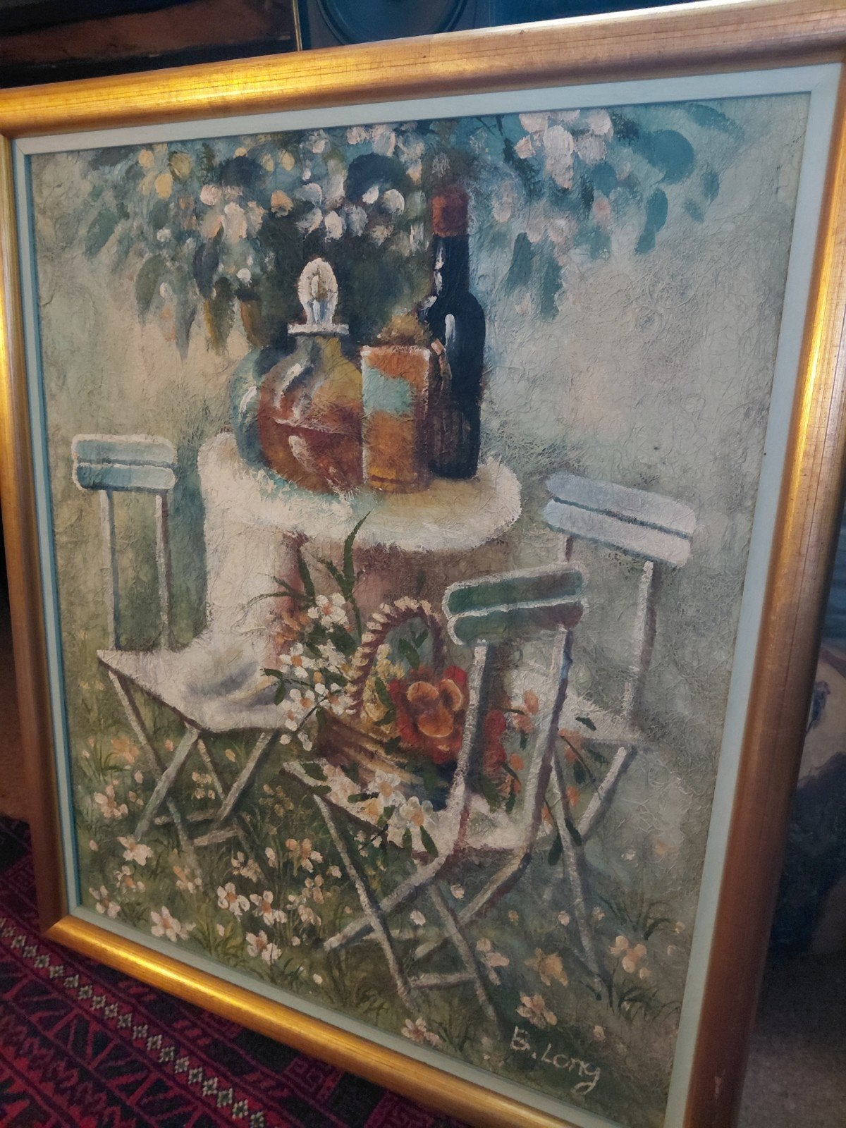 Schilderij Bernard Long - Stilleven met bloemen en wijn, Antiek en Kunst, Kunst | Schilderijen | Klassiek, Doek, Realistisch, Ophalen of Verzenden