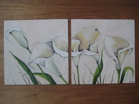 Handgeschilderd: Mooi 2 luik van witte calla's, Ophalen, Minder dan 50 cm, Oorspronkelijke maker, Nieuw