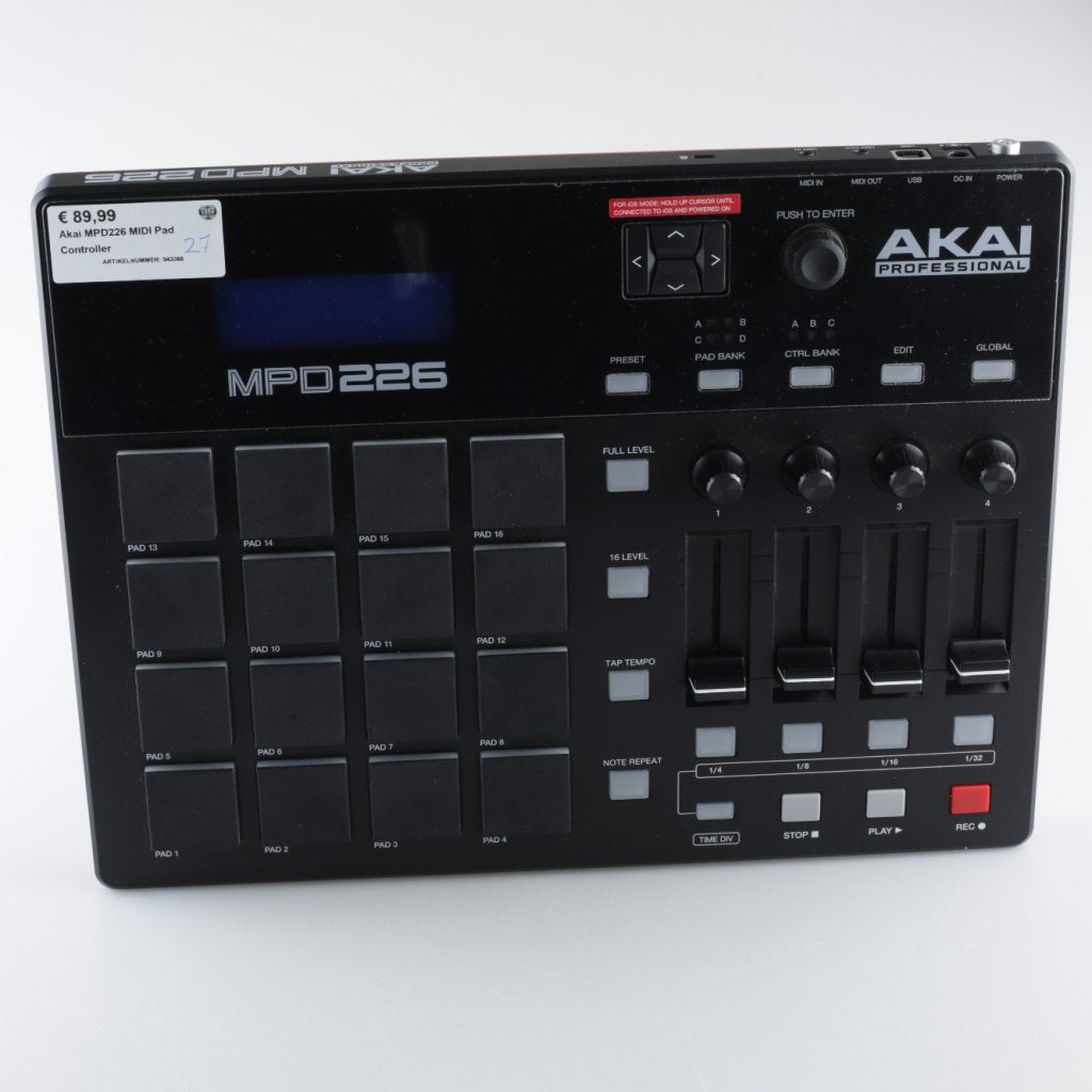 Akai MPD226 MIDI Pad Controller, Akai, Zo goed als nieuw, Support@akai.com, Akai Professional
200 Scenic View Drive
Suite 201
Cumberland, RI 02864
United States