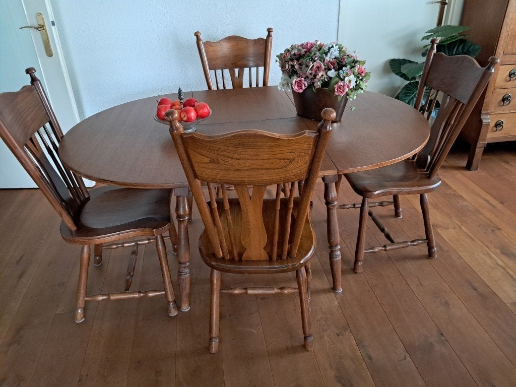 VINTAGE Eiken eettafel met 4 stoelen Meeuwis Oirschot '60, Ophalen, Gebruikt, 100 tot 150 cm, Eikenhout