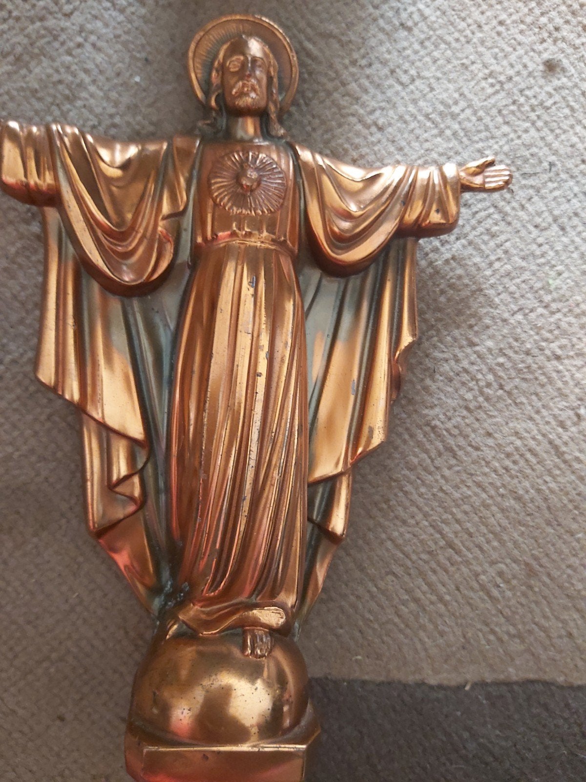 Vintage Koperen Jezus Christus Beeld - Heilig Hart, Ophalen of Verzenden