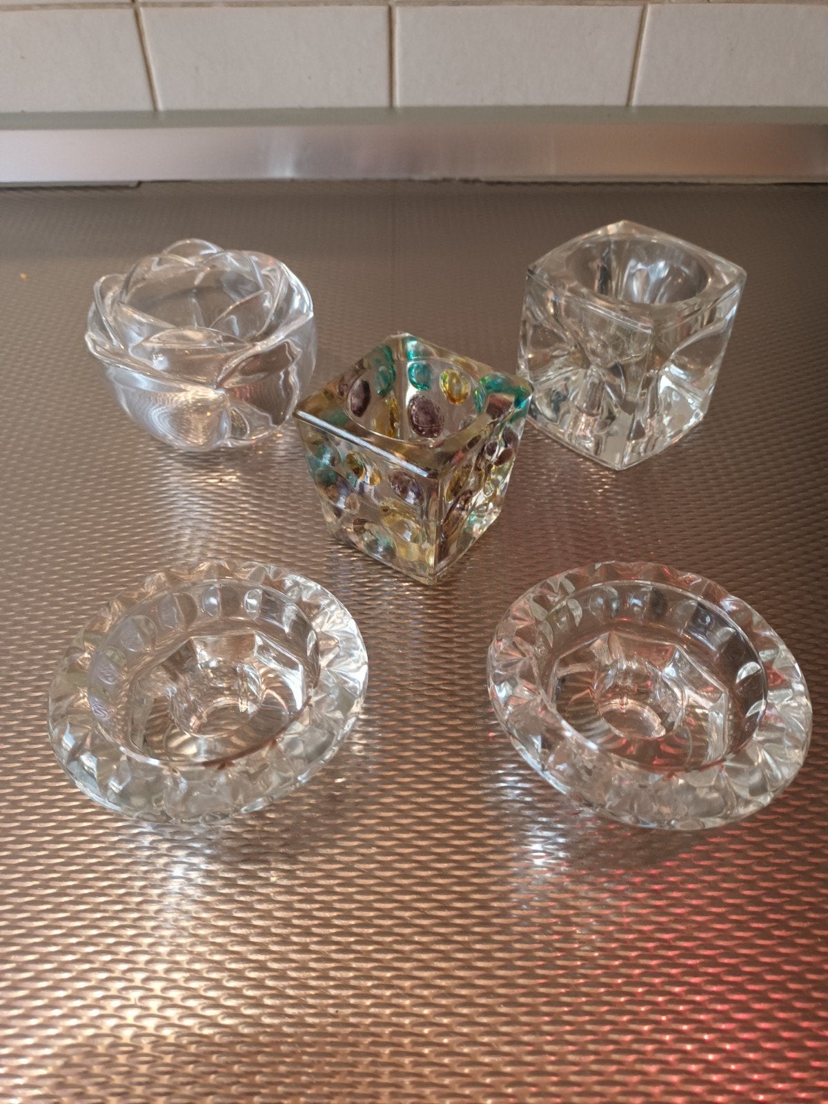 Set van 5 mooie Vintage Glazen Kandelaren & Waxinelichthoude, Ophalen of Verzenden, Glas
