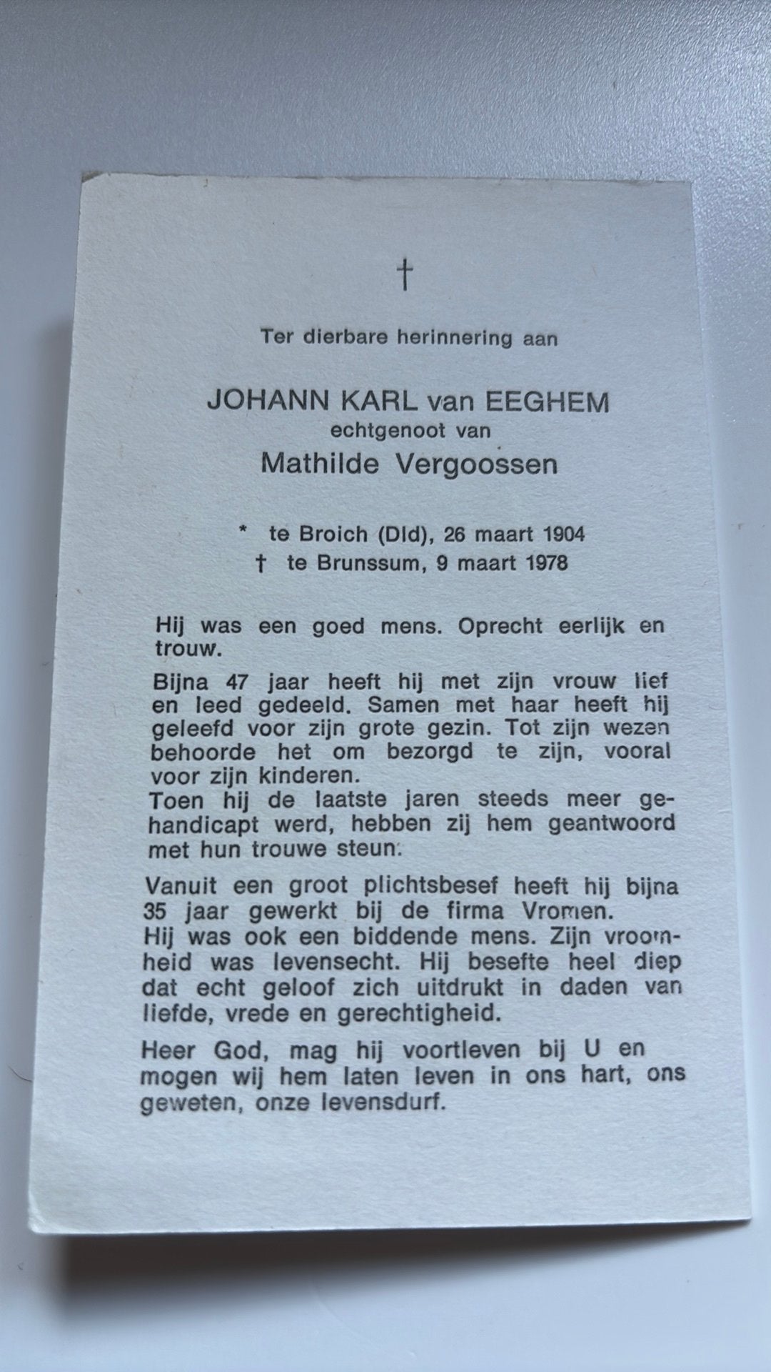 Johann Karl van Eeghem 1904 Broich, 1978 Brunssum, Ophalen of Verzenden