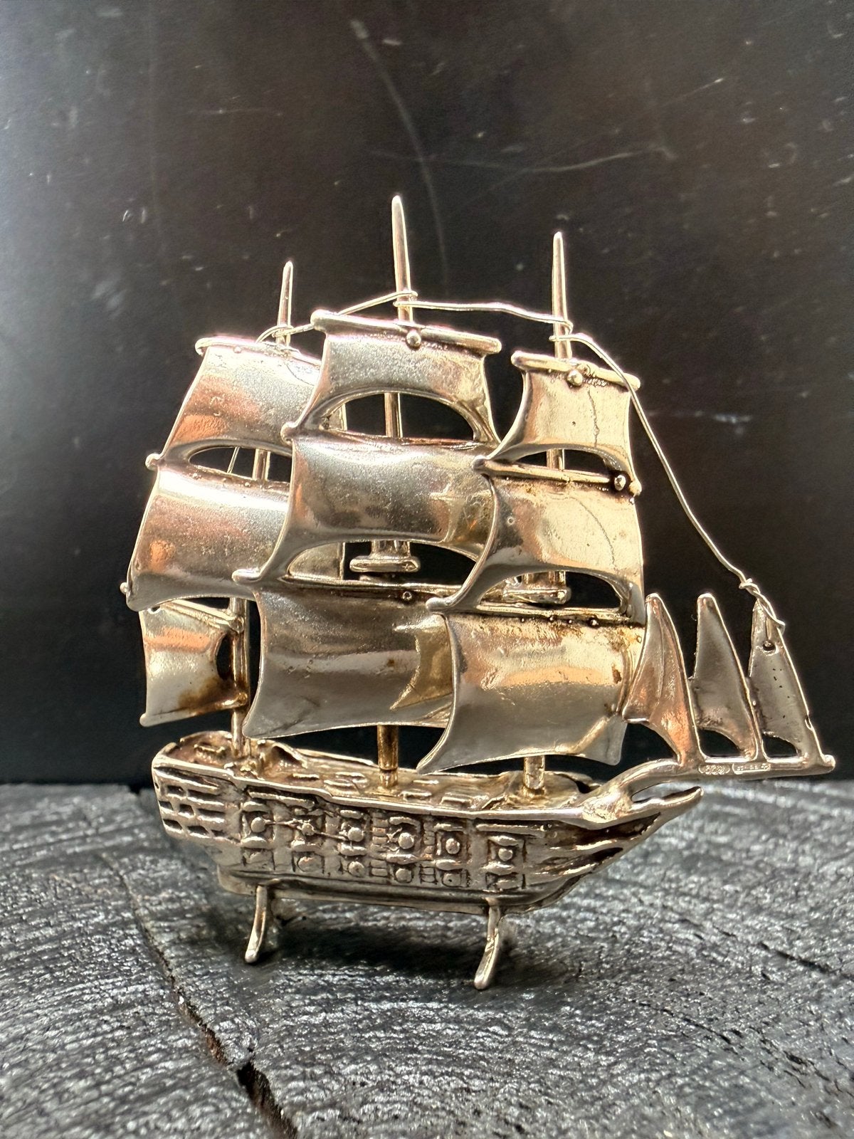 Zilveren miniatuur driemaster, gedetailleerd scheepsmodel, Verzenden, Zilver