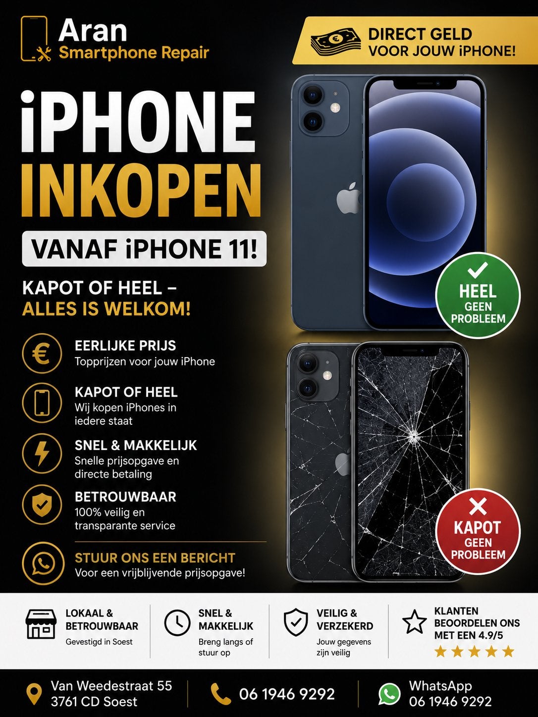 iPhone Inkoop - Aran Smartphone Repair, Telecommunicatie, Mobiele telefoons | Apple iPhone, Zwart, 64 GB, Niet werkend, IPhone 11