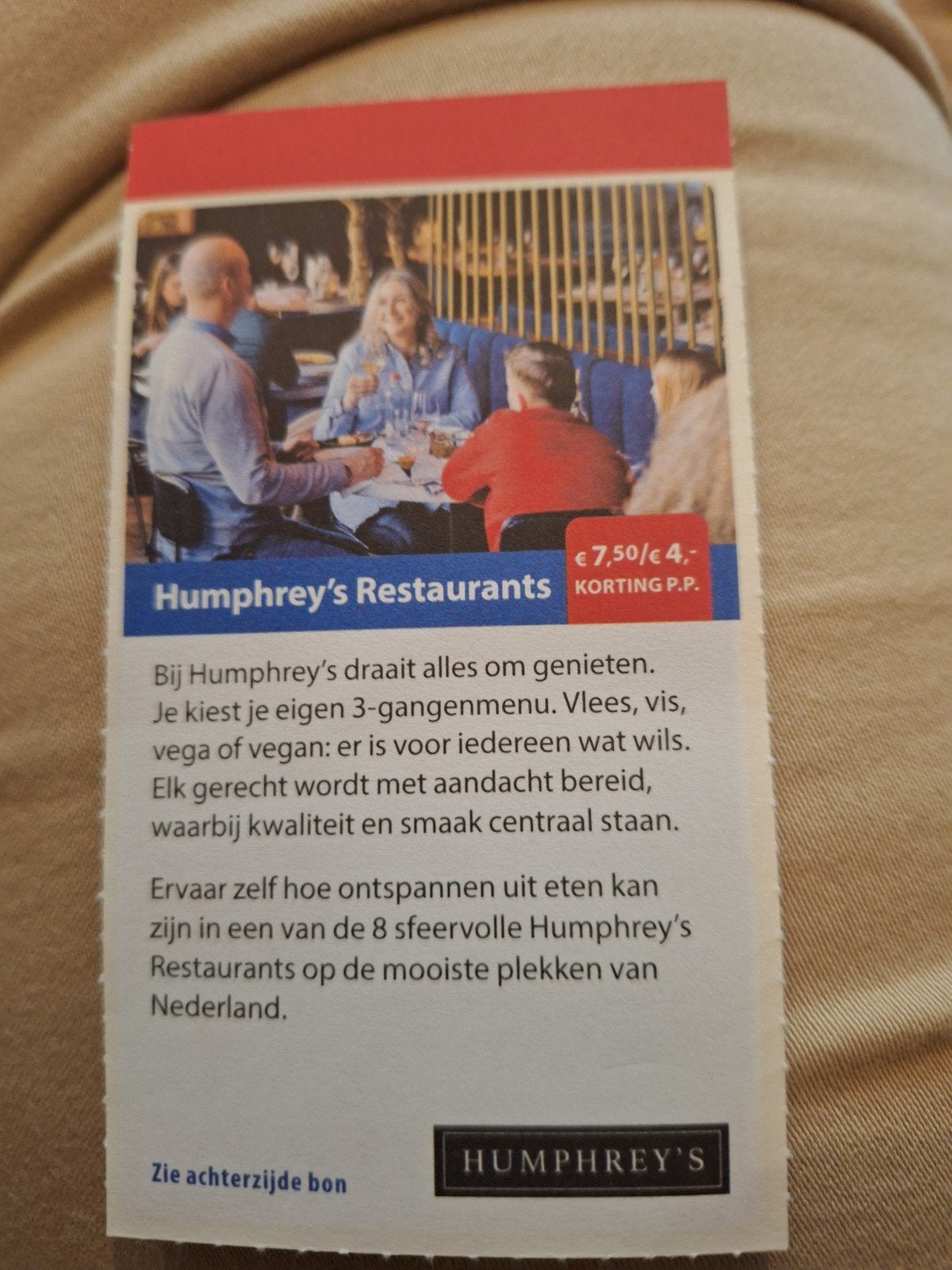 humphreys humphrey's restaurant 7.50 of 4 euro korting pp, Drie personen of meer, Kortingsbon