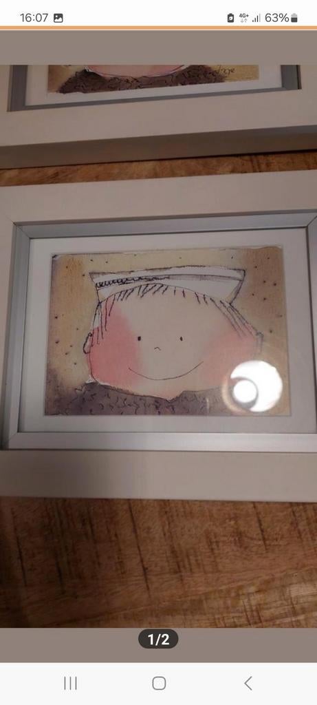 2 Schattige Kindertekeningen in Lijst - Jongen & Meisje, Antiek en Kunst, Kunst | Tekeningen en Foto's, Ophalen of Verzenden