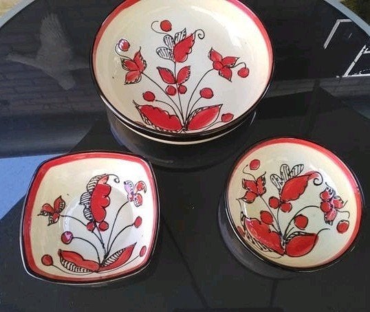 Set van 3 handbeschilderde fruitschaaltjes, Ophalen, Gebruikt, Porselein of Keramiek, Schaal
