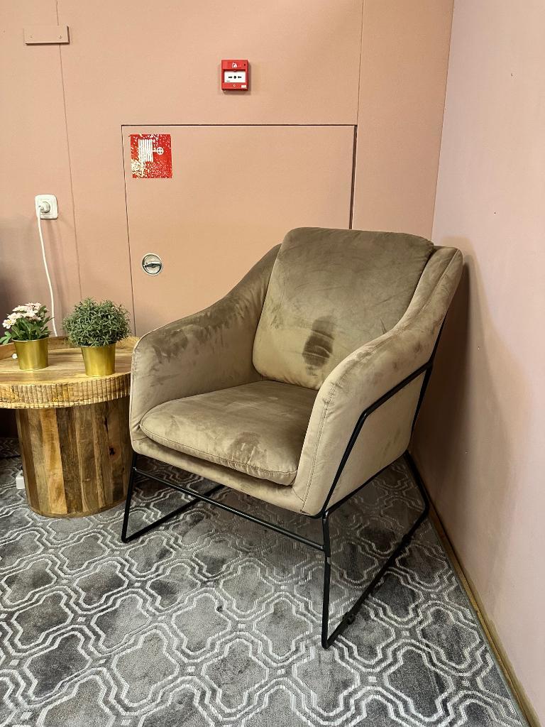 fauteuil champagne - velvet fauteuil beige beschadigd, Ophalen, Nieuw, 75 tot 100 cm, Stof