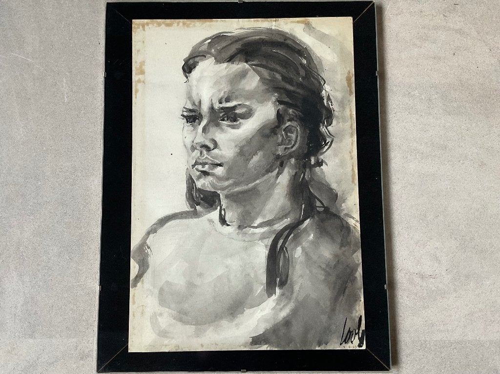 Aquarel vintage portret dame gesigneerd/gedateerd 4.7.1969, Verzenden, Portret of Personen, Achter glas, Klassiek