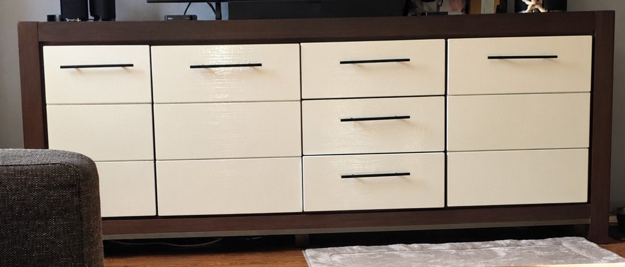 lade kast 3 lades en 2 kastje  - Wit en donkerbruin, Ophalen, Gebruikt, 150 tot 200 cm, 25 tot 50 cm