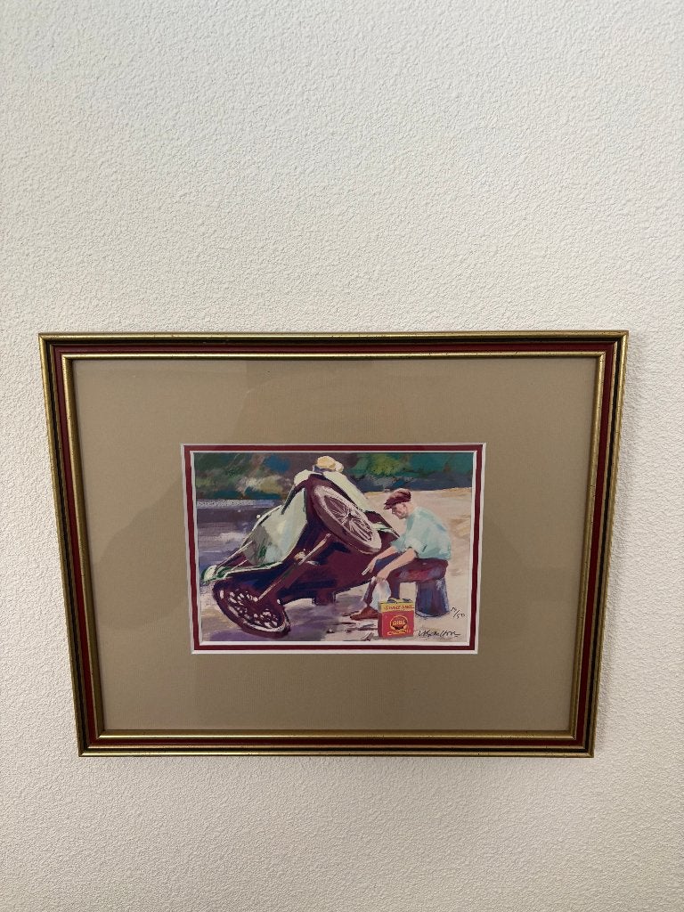 Zeefdruk Ad van Bokhoven van een klassieke auto voor Shell., Antiek en Kunst, Gelimiteerde oplage, Ophalen of Verzenden, Personages en Fantasiefiguren