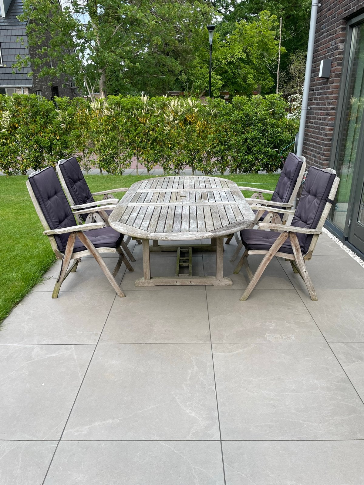 Teakhouten tuinset met uitschuifbare tafel en stoelen, Ophalen, Gebruikt, Eettafel, 6 zitplaatsen