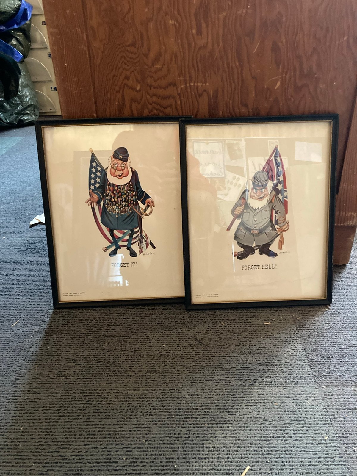 Vintage Amerikaanse Burgeroorlog Cartoons - J.F. Martin, Antiek en Kunst, Ophalen, Ingelijst, 1950 - 1999, Militair