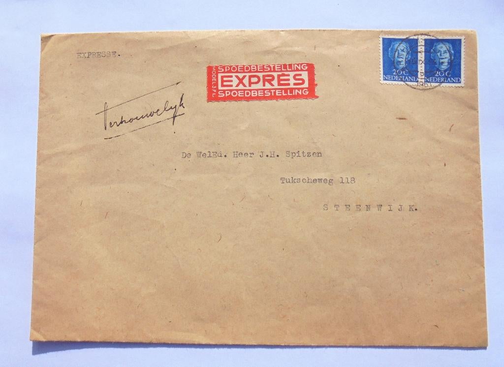EXPRES SPOEDBESTELLING brief van ARNHEM naar STEENWIJK 1961, Ophalen of Verzenden, Brief
