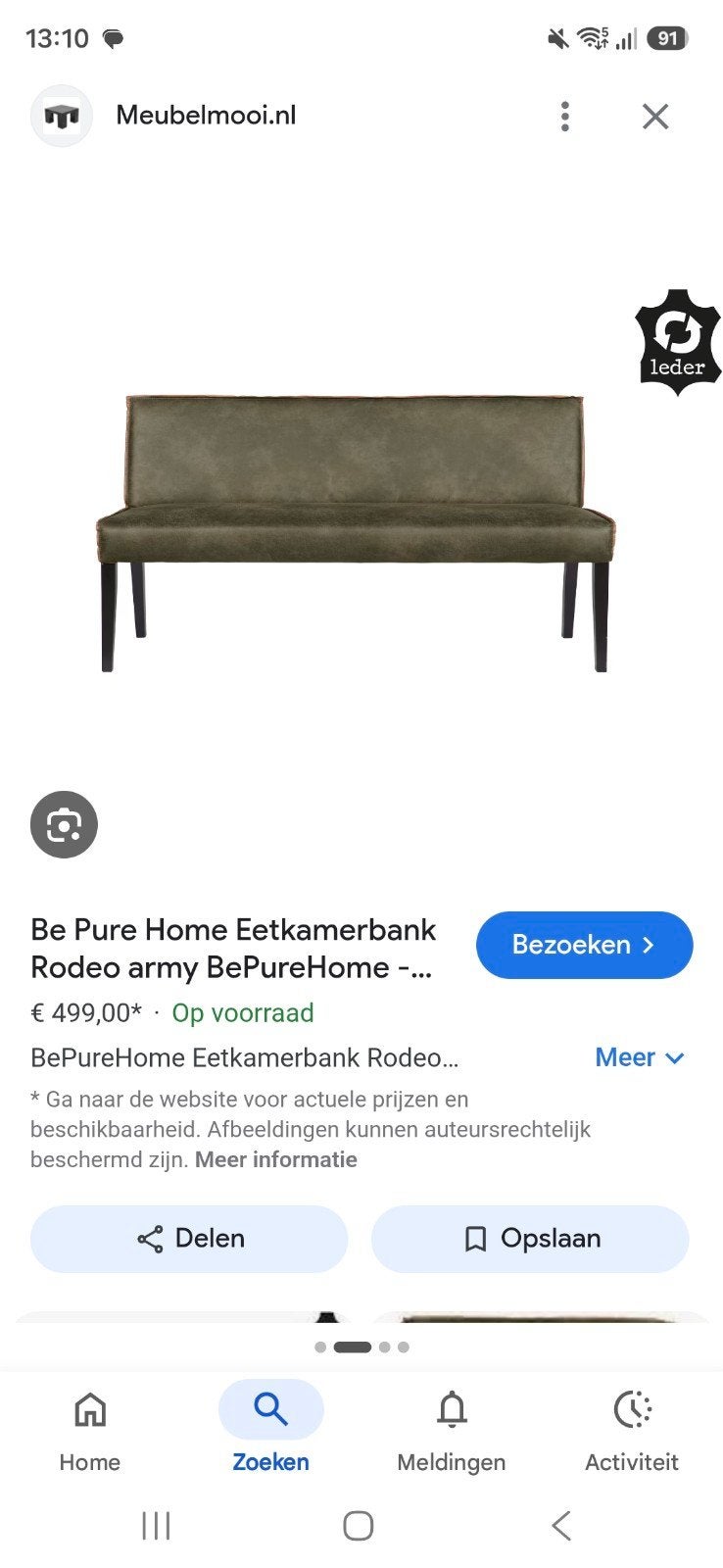 BePureHome Rodeo Eetkamerbank - Eco-leer - Olijfgroen, Ophalen, Modern, Industrieel, Minder dan 75 cm, 150 tot 200 cm