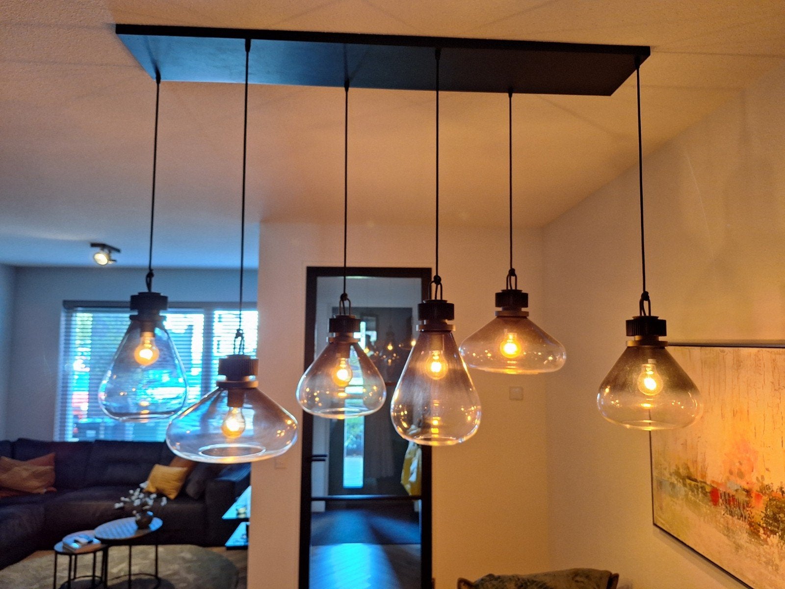 Moderne hanglamp met 6 glazen kappen, Huis en Inrichting, Ophalen, E27 (groot), Zo goed als nieuw, Glas