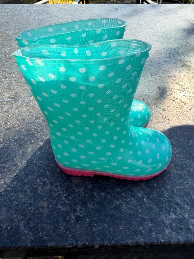Leuke turquoise regenlaarsjes met stippen, maat 20, Ophalen, Gebruikt, Jongen of Meisje, Laarzen