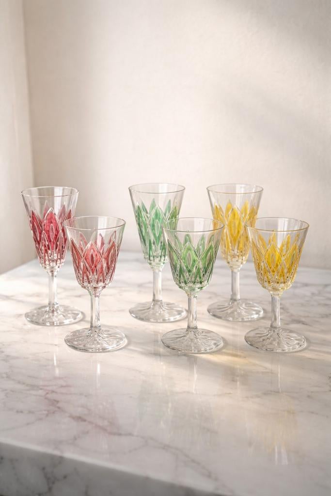 Vintage gekleurde kristallen glazen set (6), Ophalen of Verzenden, Zo goed als nieuw, Rond, Glas