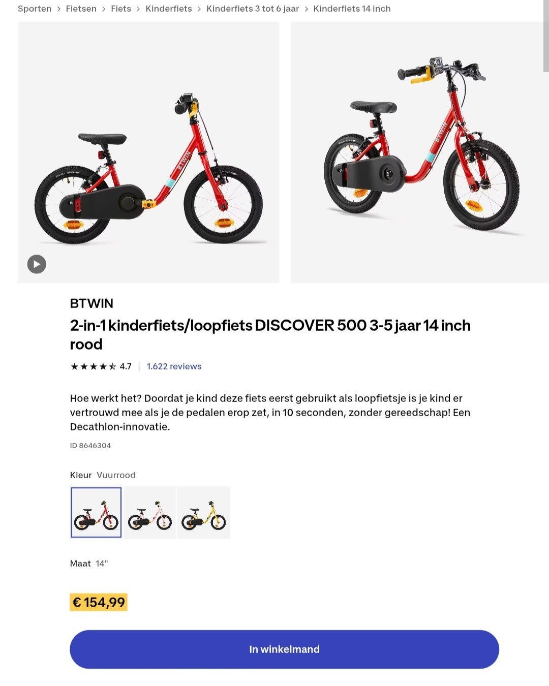 2-in-1 Kinderfiets/Loopfiets DISCOVER 500 14 inch Rood, Ophalen, Nieuw, Minder dan 16 inch, Decathlon