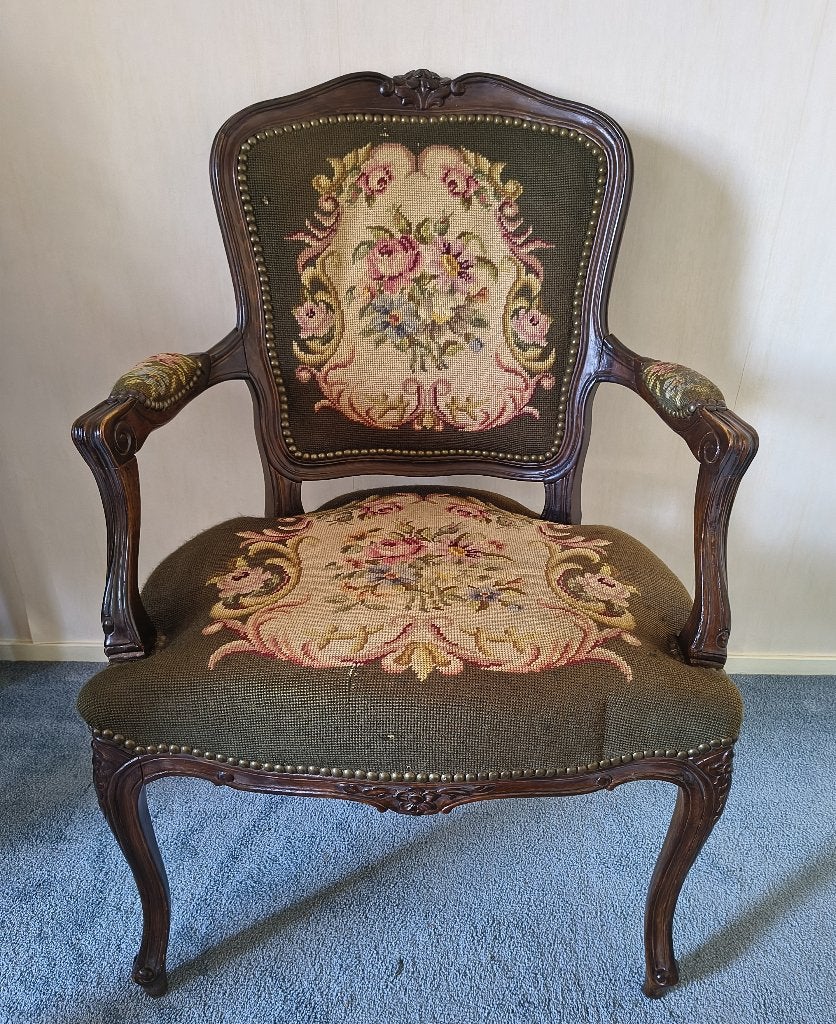 Franse brocante stoel fauteuil Lodewijk XV- stijl, Ophalen, Hout, Gebruikt, Overige kleuren
