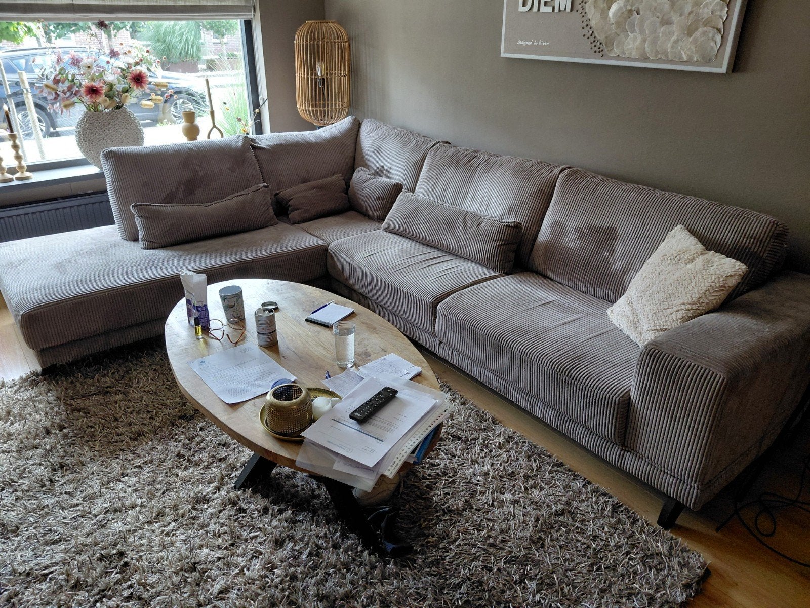 Prachtige lounge hoekbank ribstof taupe, Ophalen, Zo goed als nieuw