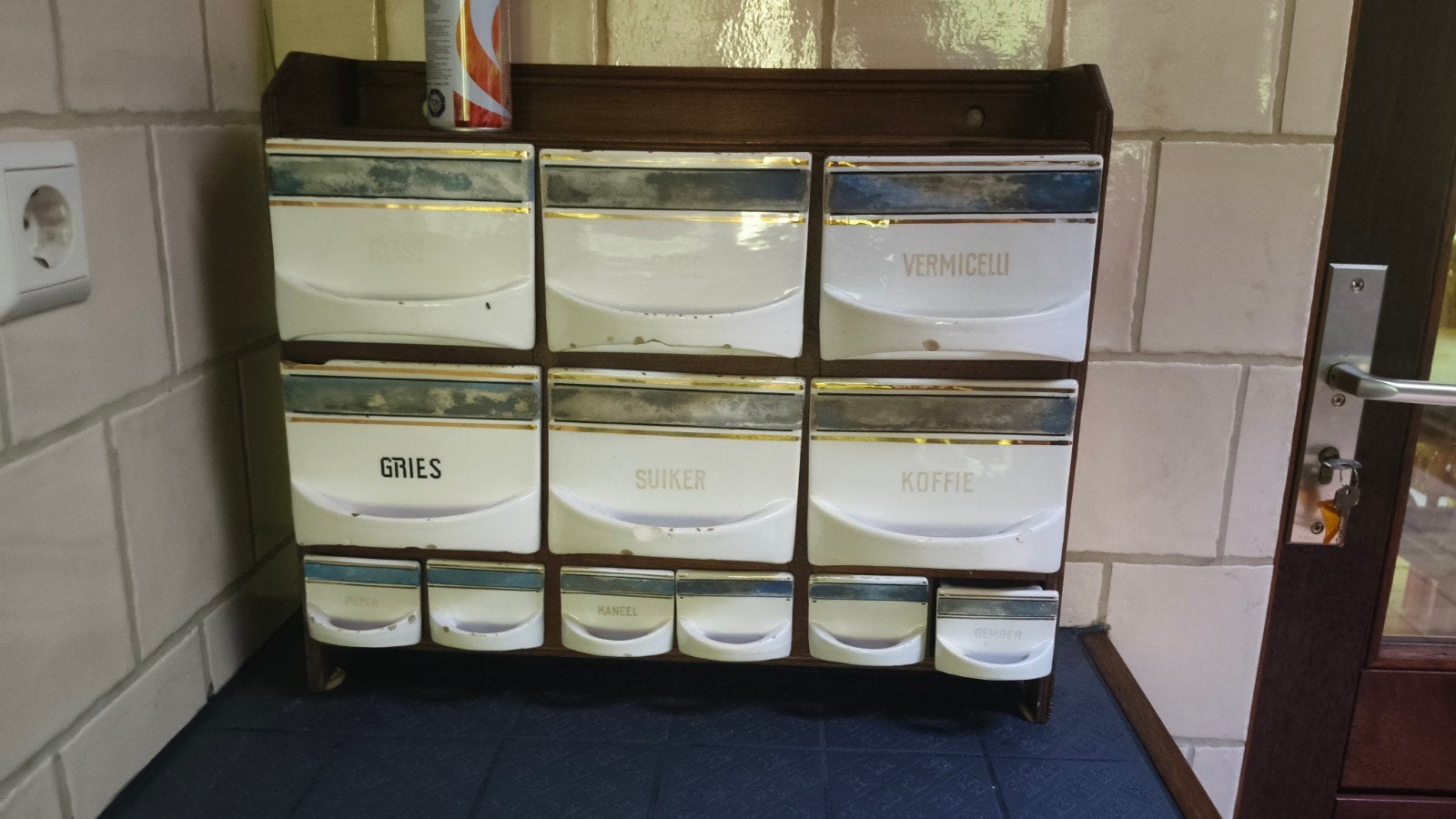 Vintage kruidenrek met porseleinen lades - 50x15x40 cm, Ophalen of Verzenden